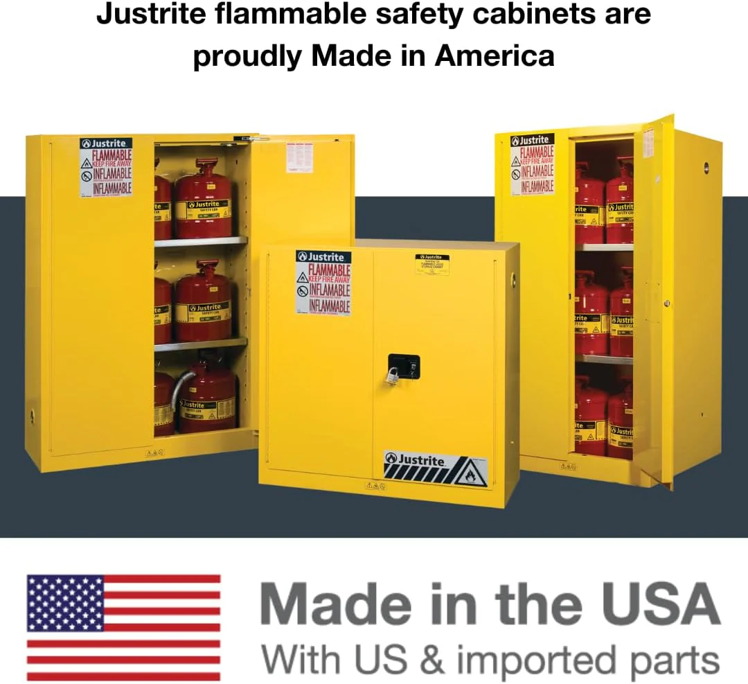 Justrite 896000 60 Gallon Manual Close Flammable Storage Cabinet, 18 Gauge Steel, 2 Shelves, 2 Door Fire Cabinet, 65" x 34" x 34", Yellow - Image 10