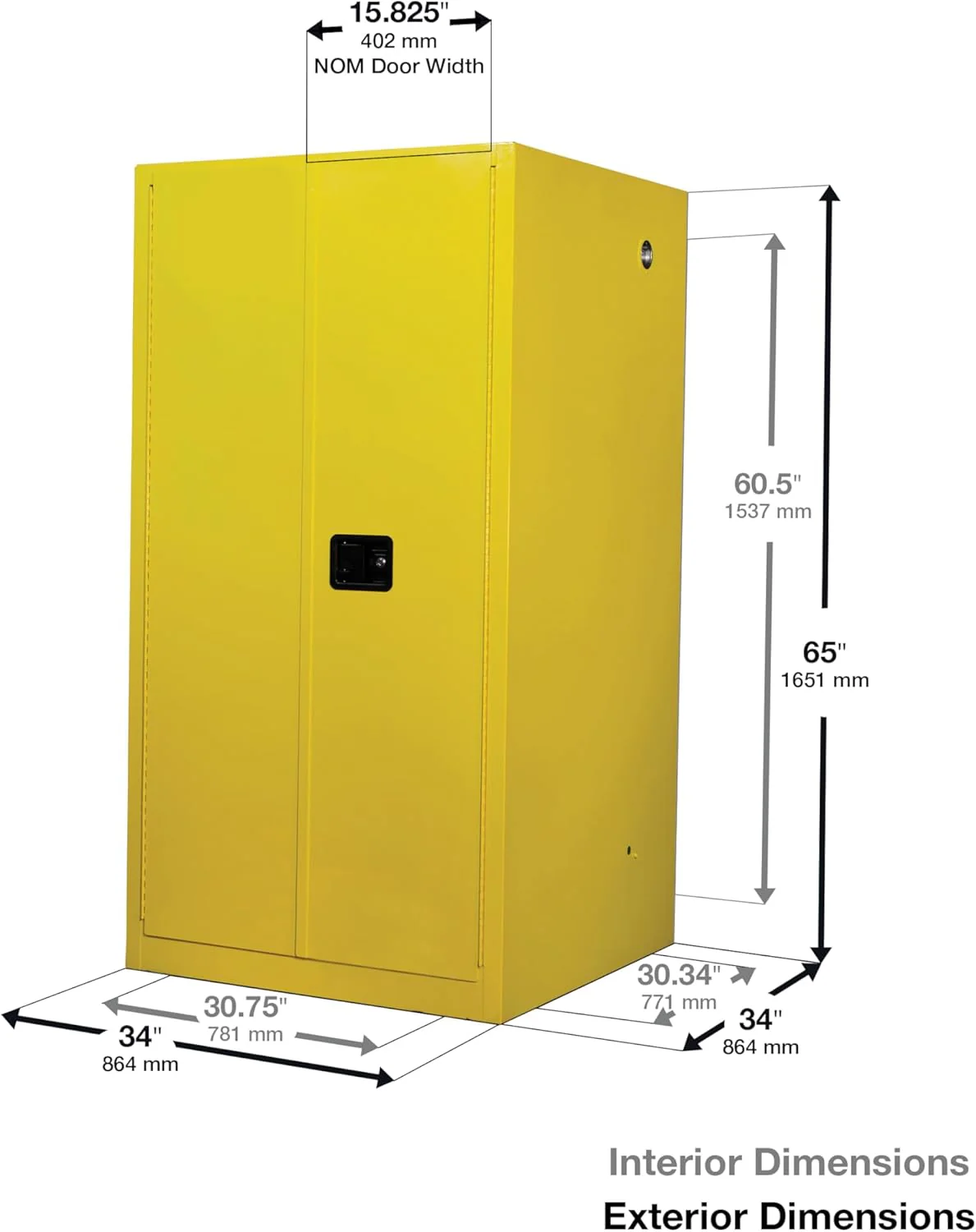 Justrite 896000 60 Gallon Manual Close Flammable Storage Cabinet, 18 Gauge Steel, 2 Shelves, 2 Door Fire Cabinet, 65" x 34" x 34", Yellow - Image 2