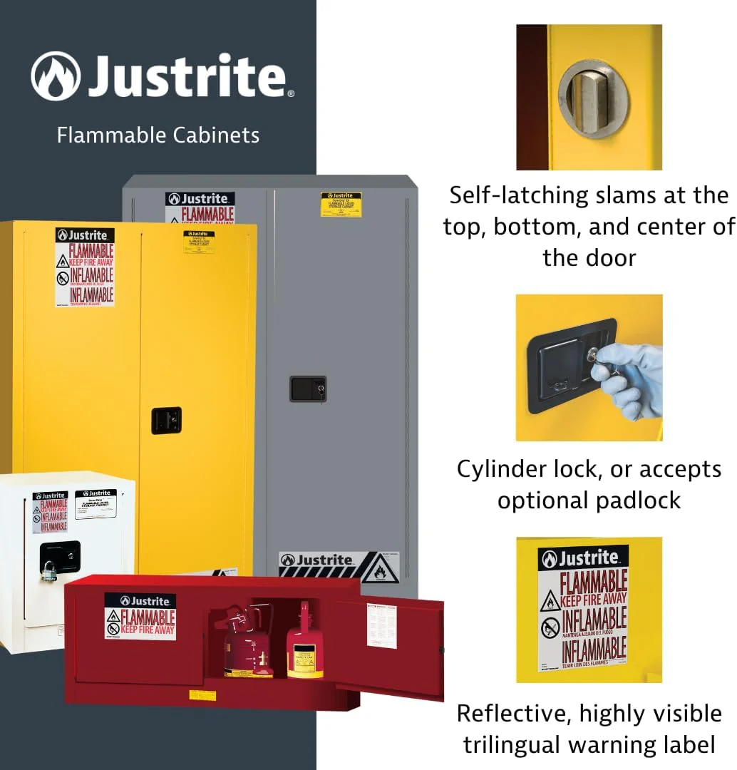 Justrite 896000 60 Gallon Manual Close Flammable Storage Cabinet, 18 Gauge Steel, 2 Shelves, 2 Door Fire Cabinet, 65" x 34" x 34", Yellow - Image 4