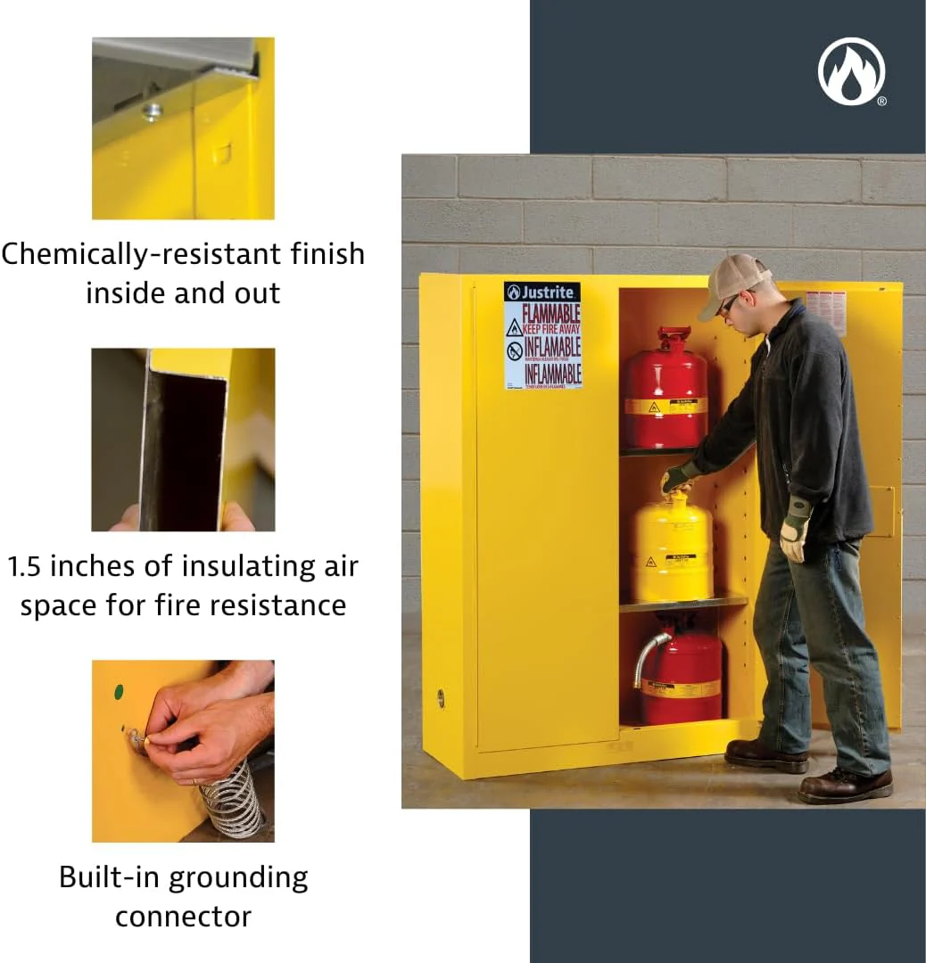 Justrite 896000 60 Gallon Manual Close Flammable Storage Cabinet, 18 Gauge Steel, 2 Shelves, 2 Door Fire Cabinet, 65" x 34" x 34", Yellow - Image 5