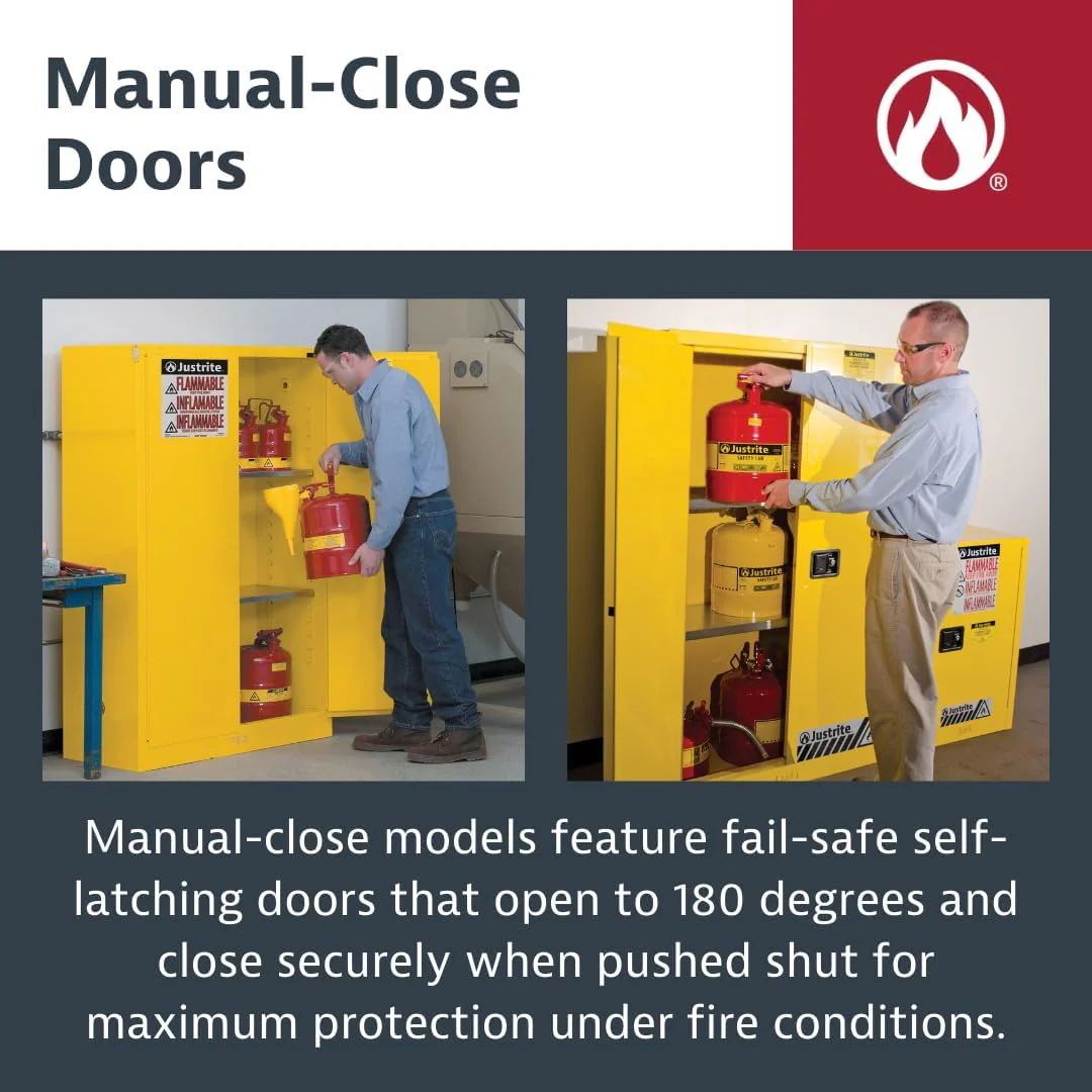 Justrite 896000 60 Gallon Manual Close Flammable Storage Cabinet, 18 Gauge Steel, 2 Shelves, 2 Door Fire Cabinet, 65" x 34" x 34", Yellow - Image 6