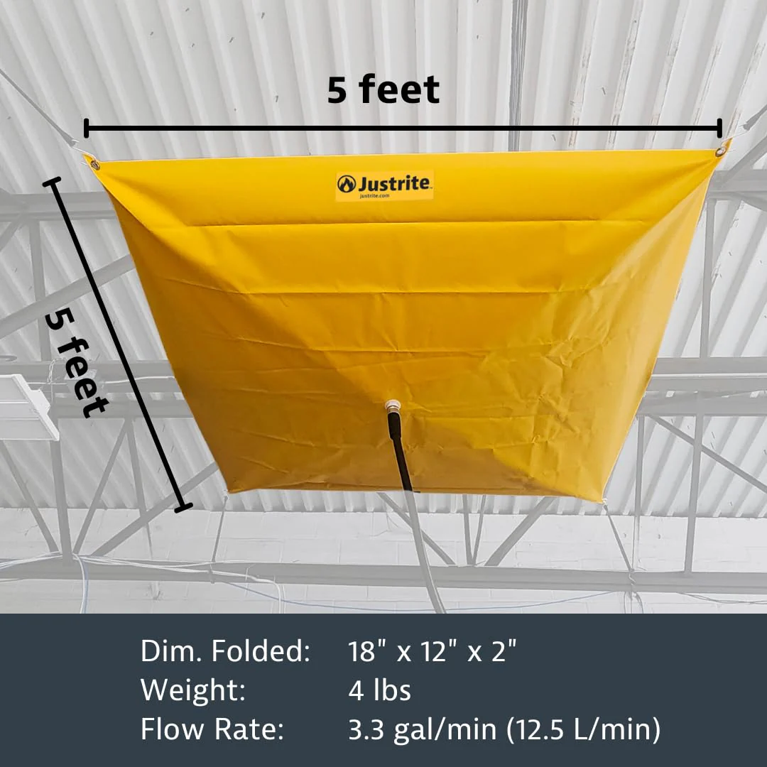 Justrite 28300 Ceiling Leak Diverter Tarp with Hose Connection and Corner Grommets, 5' x 5' Puncture-Resistant and Watertight PVC-Coated Fabric for Temporary Leak Fix - Image 2
