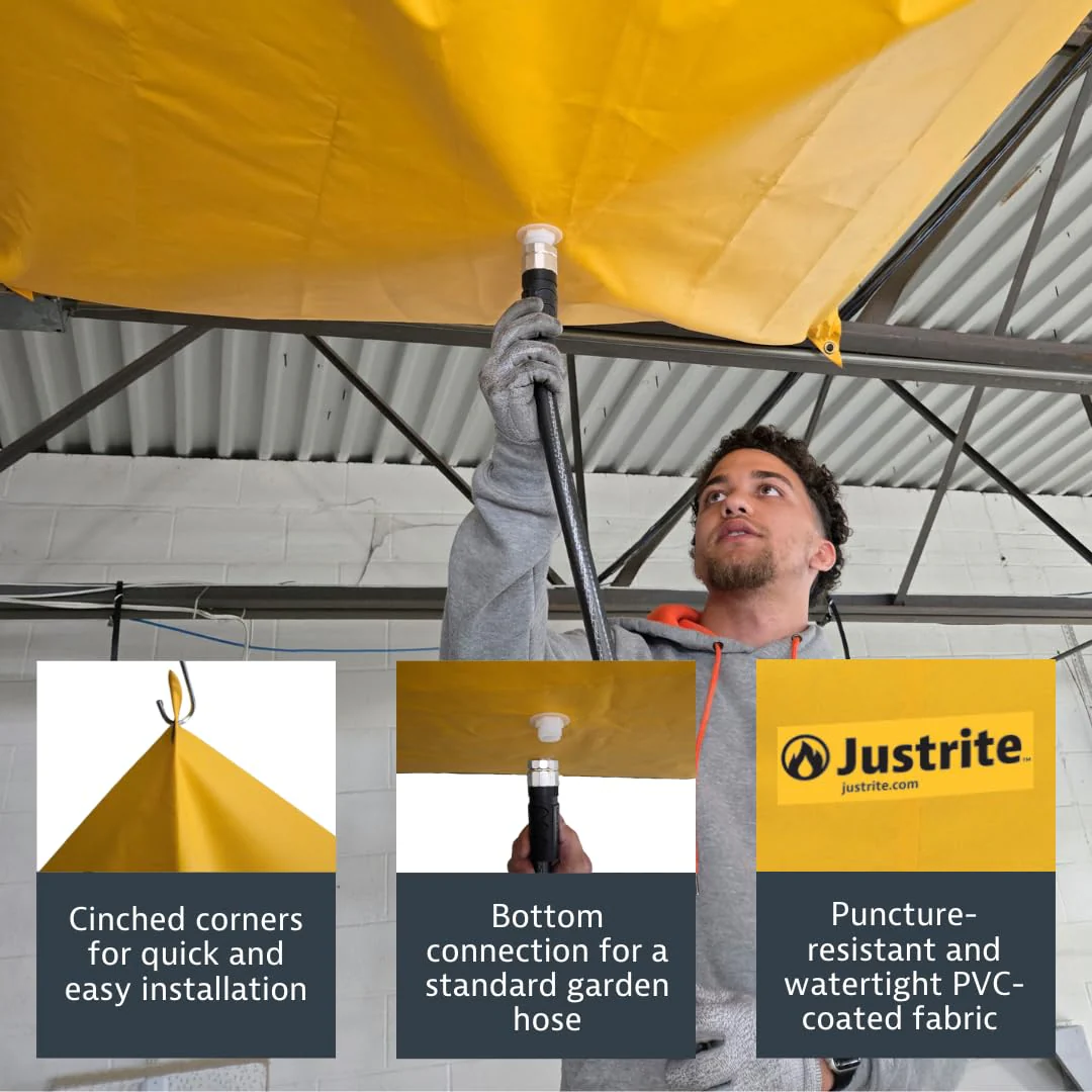 Justrite 28300 Ceiling Leak Diverter Tarp with Hose Connection and Corner Grommets, 5' x 5' Puncture-Resistant and Watertight PVC-Coated Fabric for Temporary Leak Fix - Image 3