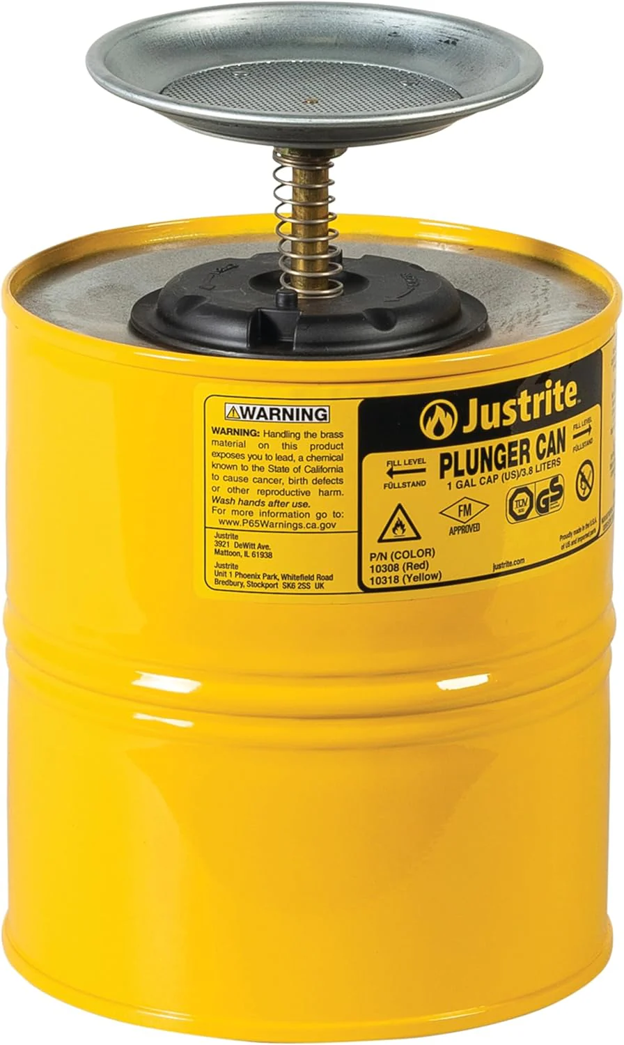 Justrite Plunger Can for Solvents, 1 Gallon Capacity, 10.5" x 7.25" Steel Push-Down Solvent Dispenser Can, Yellow - 10318 - Image 2
