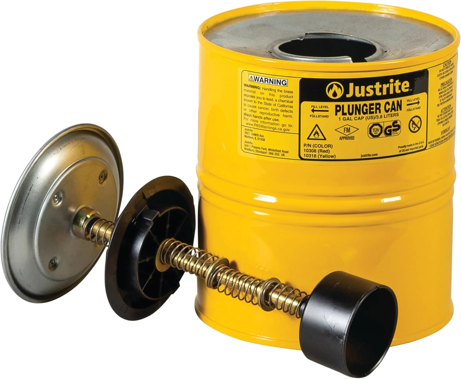 Justrite Plunger Can for Solvents, 1 Gallon Capacity, 10.5" x 7.25" Steel Push-Down Solvent Dispenser Can, Yellow - 10318 - Image 3