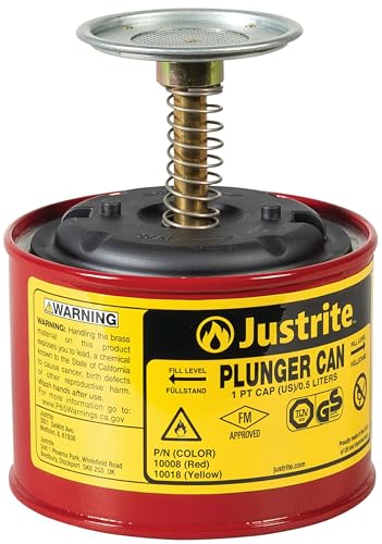Justrite 10008 Plunger Can for Solvents, 1 Pint Capacity, 5.25" x 4.9" Steel Push-Down Solvent Dispenser Can, Made in the USA Industrial Mechanic Tools, Red