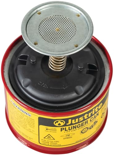 Justrite 10008 Plunger Can for Solvents, 1 Pint Capacity, 5.25" x 4.9" Steel Push-Down Solvent Dispenser Can, Made in the USA Industrial Mechanic Tools, Red - Image 2