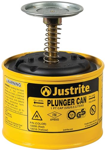Justrite Plunger Can for Solvents, 1 Pint Capacity, 5.25" x 4.9" Steel Push-Down Solvent Dispenser Can, Made in The USA Industrial Mechanic Tools, Yellow, 10018