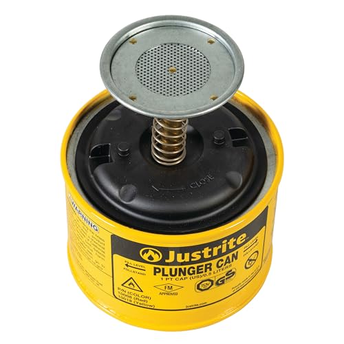 Justrite Plunger Can for Solvents, 1 Pint Capacity, 5.25" x 4.9" Steel Push-Down Solvent Dispenser Can, Made in The USA Industrial Mechanic Tools, Yellow, 10018 - Image 2