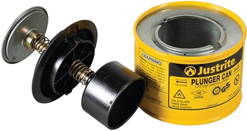 Justrite Plunger Can for Solvents, 1 Pint Capacity, 5.25" x 4.9" Steel Push-Down Solvent Dispenser Can, Made in The USA Industrial Mechanic Tools, Yellow, 10018 - Image 3