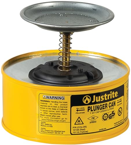 Justrite Plunger Can for Solvents, 1 Quart Capacity, 5.6" x 7.25" Steel Push-Down Solvent Dispenser Can, Made in The USA Industrial Mechanic Tools, Yellow, 10118