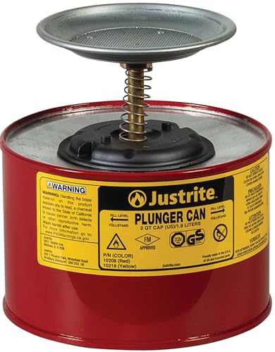 Justrite Plunger Can for Solvents, 2 Quarts Capacity, 7.4" x 7.25" Steel Push-Down Solvent Dispenser Can, Made in The USA Industrial Mechanic Tools, Red, 10208