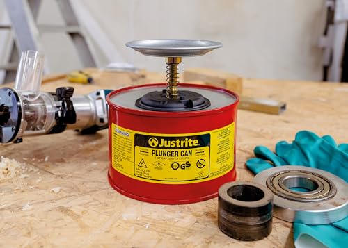Justrite Plunger Can for Solvents, 2 Quarts Capacity, 7.4" x 7.25" Steel Push-Down Solvent Dispenser Can, Made in The USA Industrial Mechanic Tools, Red, 10208 - Image 3