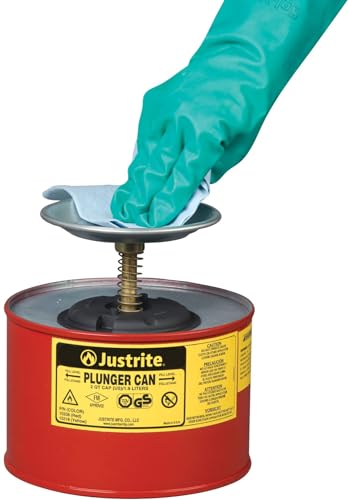 Justrite Plunger Can for Solvents, 2 Quarts Capacity, 7.4" x 7.25" Steel Push-Down Solvent Dispenser Can, Made in The USA Industrial Mechanic Tools, Red, 10208 - Image 4