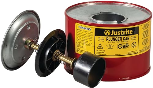 Justrite Plunger Can for Solvents, 2 Quarts Capacity, 7.4" x 7.25" Steel Push-Down Solvent Dispenser Can, Made in The USA Industrial Mechanic Tools, Red, 10208 - Image 5