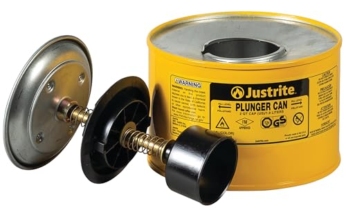 Justrite Plunger Can for Solvents, 2 Quarts Capacity, 7.4" x 7.25" Steel Push-Down Solvent Dispenser Can, Made in the USA Industrial Mechanic Tools, Yellow, 10218 - Image 2