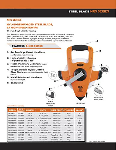Keson NRS10100H Nylon-Reinforced Steel Blade Tape Measure, Speed Rewind (Graduations: 1/10, 1/100), 100-Foot - Image 2