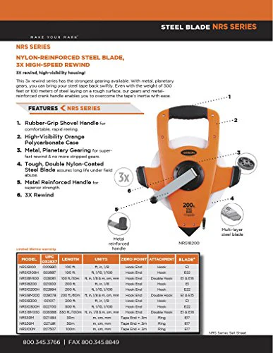 Keson NRS18200 Nylon-Reinforced Steel Blade Tape Measure, Speed Rewind (Graduations: ft., in. 1/8), 200-Foot , Orange - Image 2