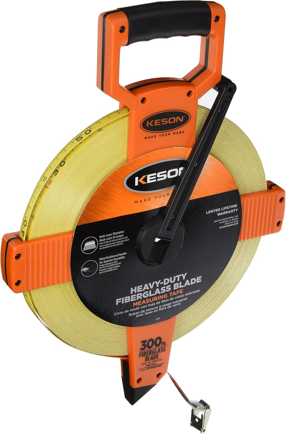 Keson OTR10M300 Open Reel Fiberglass Tape Measure Reel with Double Hook (Graduations: 1/10, 1/100 & m, cm, 2mm), 100M / 300-Foot - Image 2