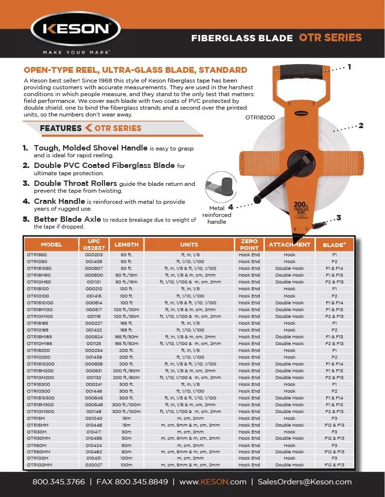 ‎Keson | ‎OTR18300 | Keson OTR18300 Open Reel Fiberglass Tape Measure Reel (Graduations: ft., in. 1/8), 300-Foot - Image 3
