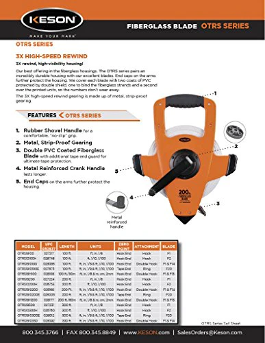 Keson OTRS1810100 Fiberglass Measuring Tape with Double Hook, Speed Rewind (Graduation: ft, in, 1/8 & ft, 1/10, 1/100), 100-Foot - Image 2