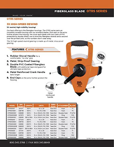 Keson OTRS1810200E Fiberglass Measuring Tape with Ring End, Speed Rewind (Graduation: ft., in, 1/8 & ft., 1/10, 1/100), 200-Foot - Image 2