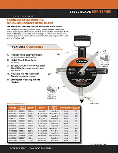 Keson SNR10200 Nylon-Reinforced Steel Blade Tape Measure with Stainless Steel Housing, Zero Point at Tape End + 1-Foot and Ring End (Graduations: ft., 1/10, 1/00), 200-Foot - Image 3