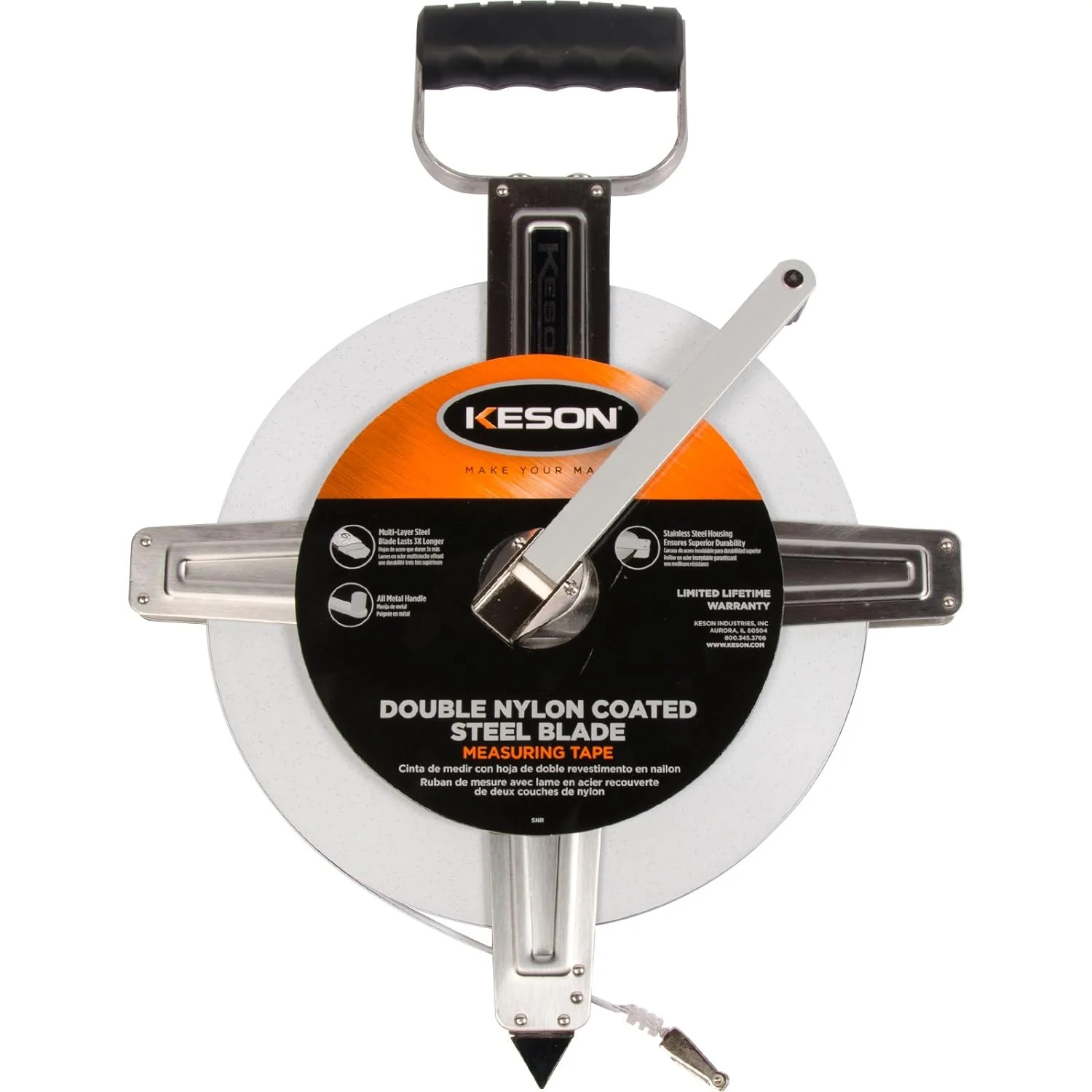 Keson | SNR10300H | Keson SNR10300H Nylon-Reinforced Steel Blade Tape Measure with Stainless Steel Housing with Hook End (Graduations: ft., 1/10, 1/00), 300-Foot - Image 3
