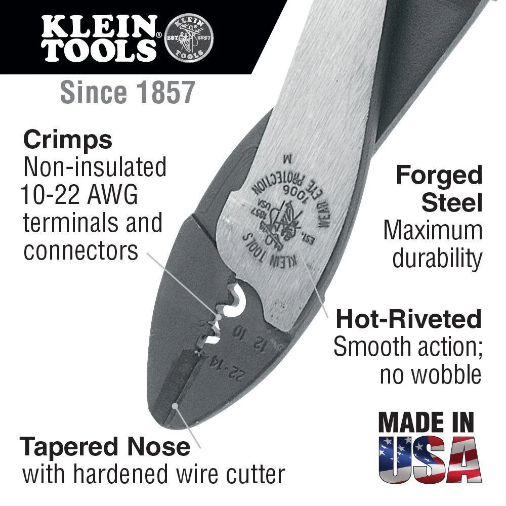 Klein Tools 1006 Cutting / Crimping Tool, Made in USA, Crimps 10 to 22 AWG Solderless Terminals and Connectors, with Wire Cutter in Tapered Nose - Image 2