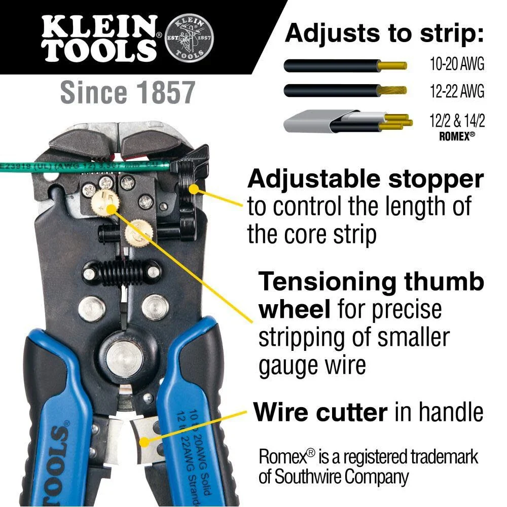 Klein Tools 11061 Self-Adjusting Wire Stripper / Wire Cutter, Heavy Duty, for 10-20 AWG Solid, 12-22 AWG Stranded, and Romex Wire 12/2 and 14/3 - Image 2