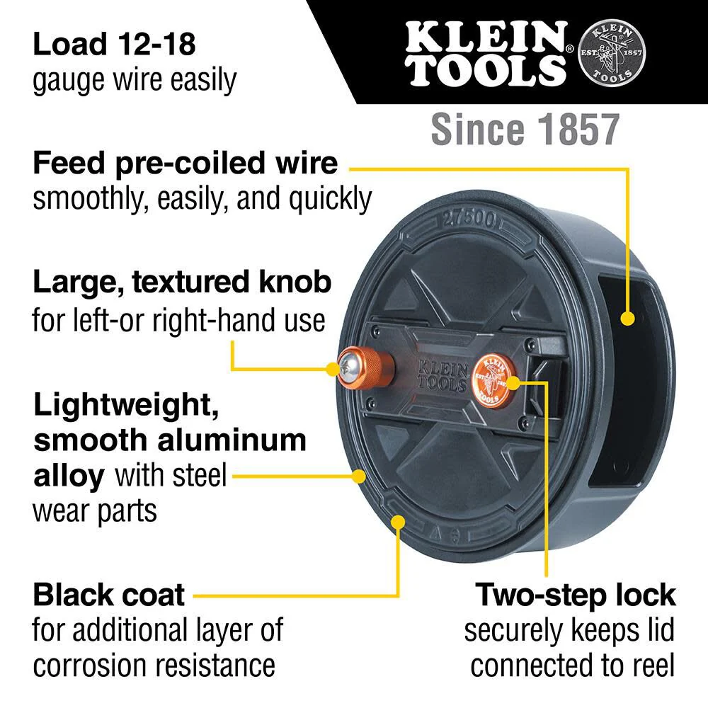Klein Tools 27500 Tie Wire Reel, Quick Lock, Lightweight Aluminum, 12-18 Gauge Wire, Ambidextrous Rewind Knob - Image 2