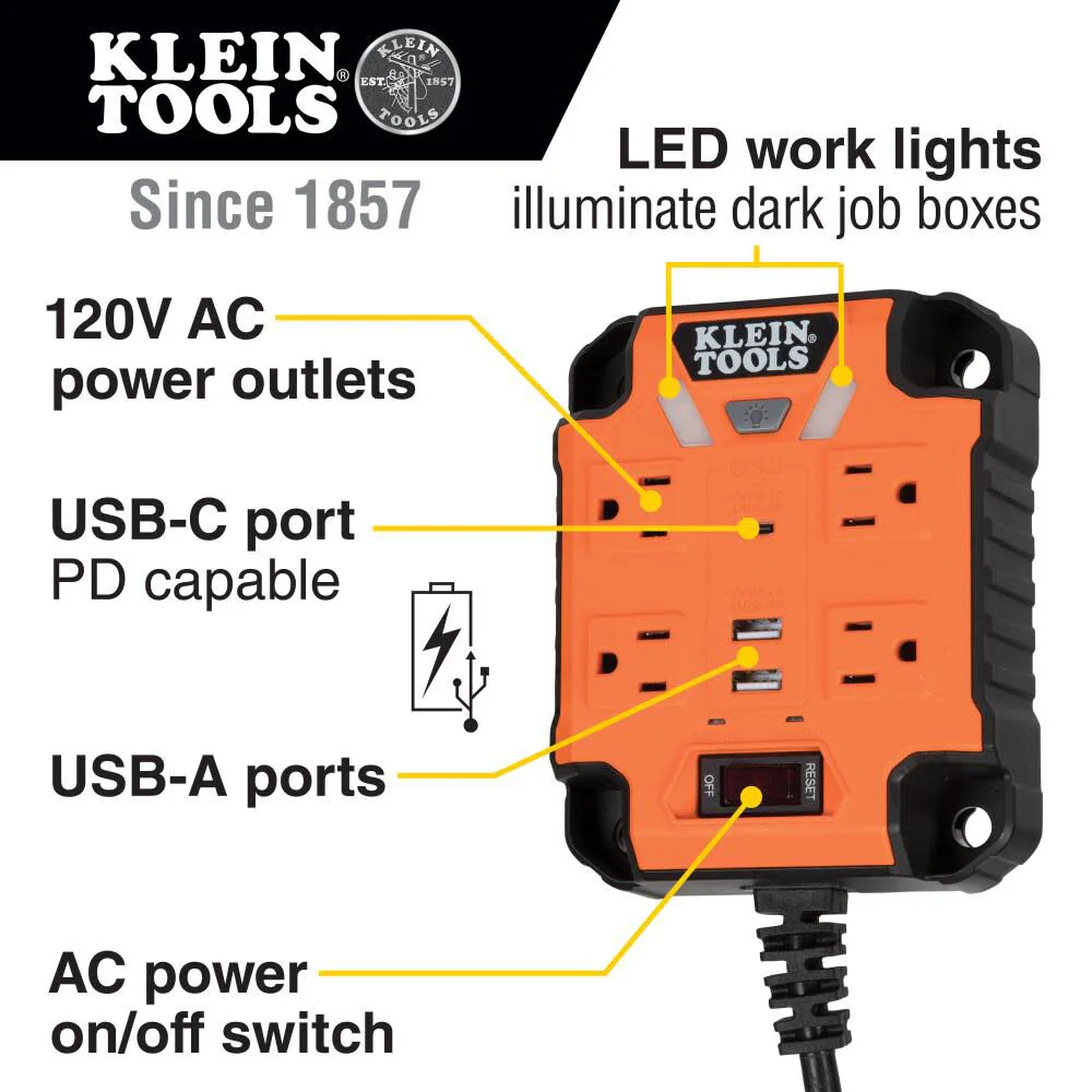 Klein Tools 29601 Magnetic Power Strip with Surge Protector, Extension Cord, 4 Outlets, 3 USB Ports, 5-Foot Cord, Power Supply Box with Light, PowerBox 1, Heavy Duty - Image 2
