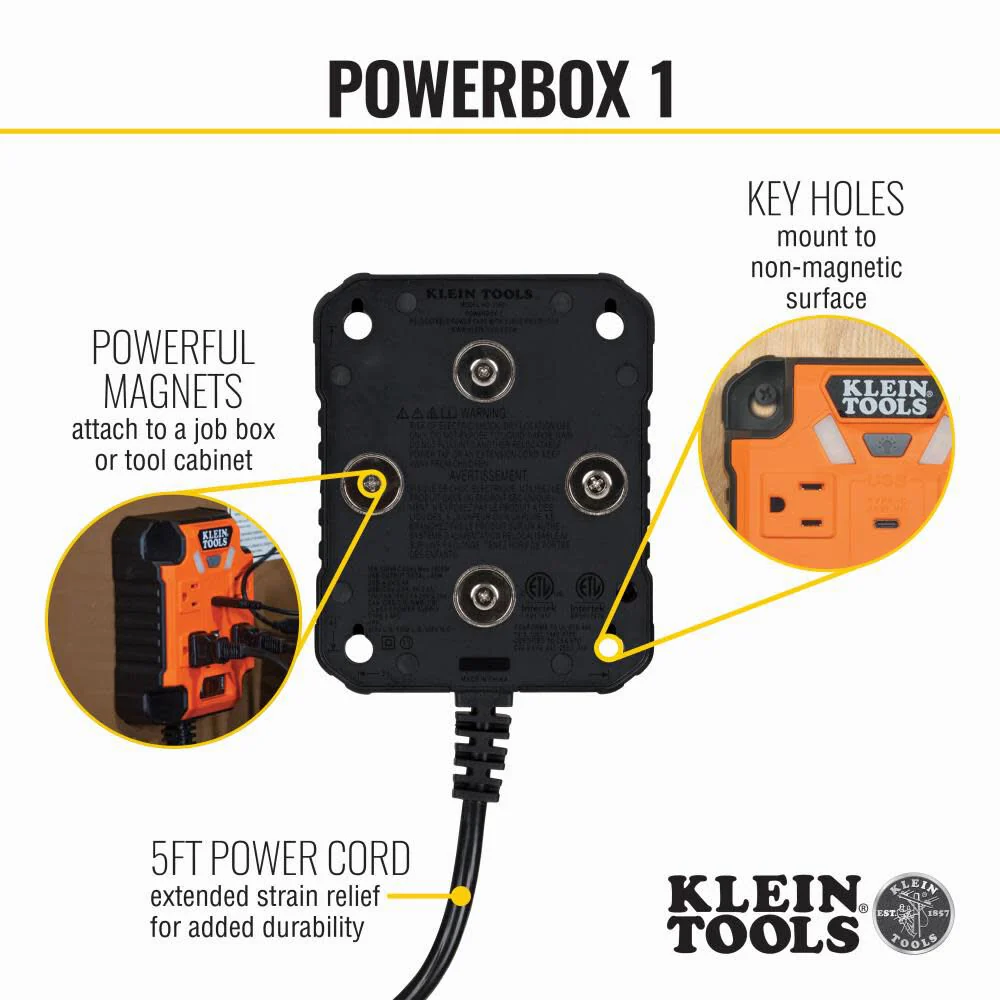 Klein Tools 29601 Magnetic Power Strip with Surge Protector, Extension Cord, 4 Outlets, 3 USB Ports, 5-Foot Cord, Power Supply Box with Light, PowerBox 1, Heavy Duty - Image 3