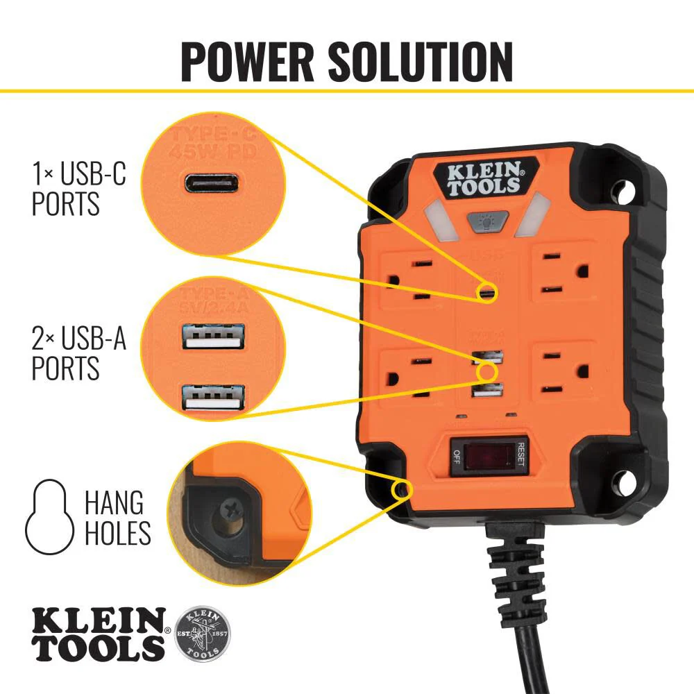 Klein Tools 29601 Magnetic Power Strip with Surge Protector, Extension Cord, 4 Outlets, 3 USB Ports, 5-Foot Cord, Power Supply Box with Light, PowerBox 1, Heavy Duty - Image 4