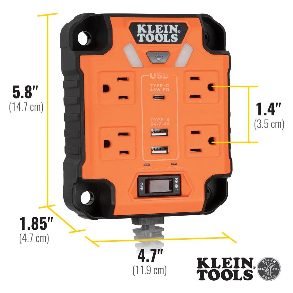 Klein Tools 29601 Magnetic Power Strip with Surge Protector, Extension Cord, 4 Outlets, 3 USB Ports, 5-Foot Cord, Power Supply Box with Light, PowerBox 1, Heavy Duty - Image 5