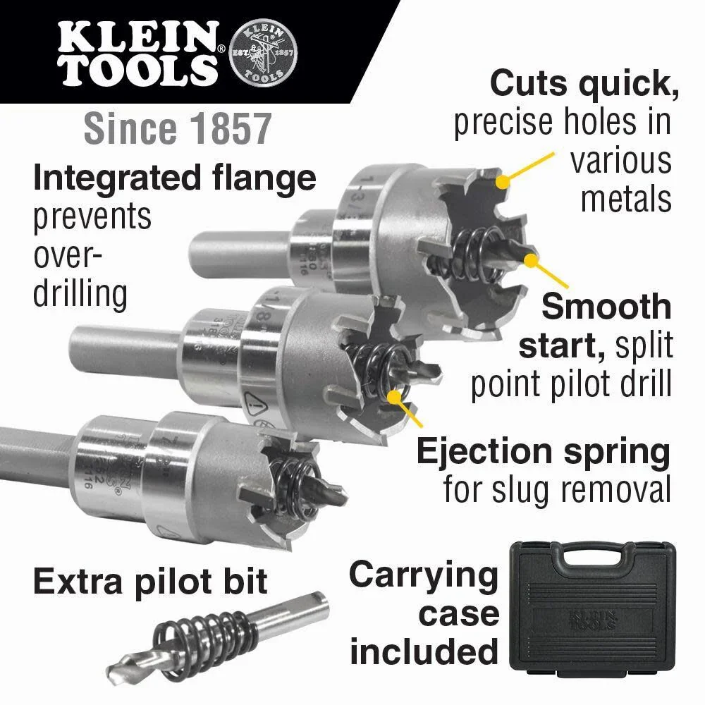 Klein Tools 31872 Heavy Duty Hole Saw Kit, Includes Carbide Hole Cutters and Pilot Bit in Rust-Proof Molded Plastic Case, 4-Piece - Image 2