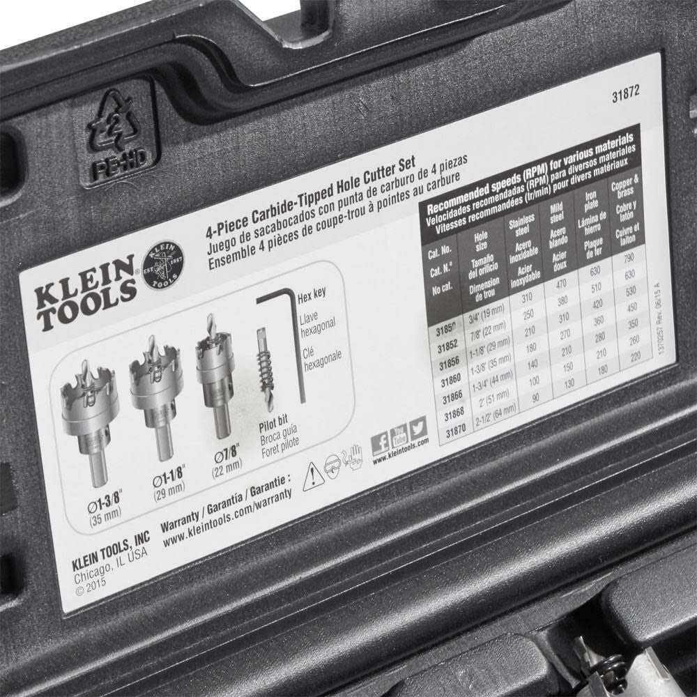 Klein Tools 31872 Heavy Duty Hole Saw Kit, Includes Carbide Hole Cutters and Pilot Bit in Rust-Proof Molded Plastic Case, 4-Piece - Image 5