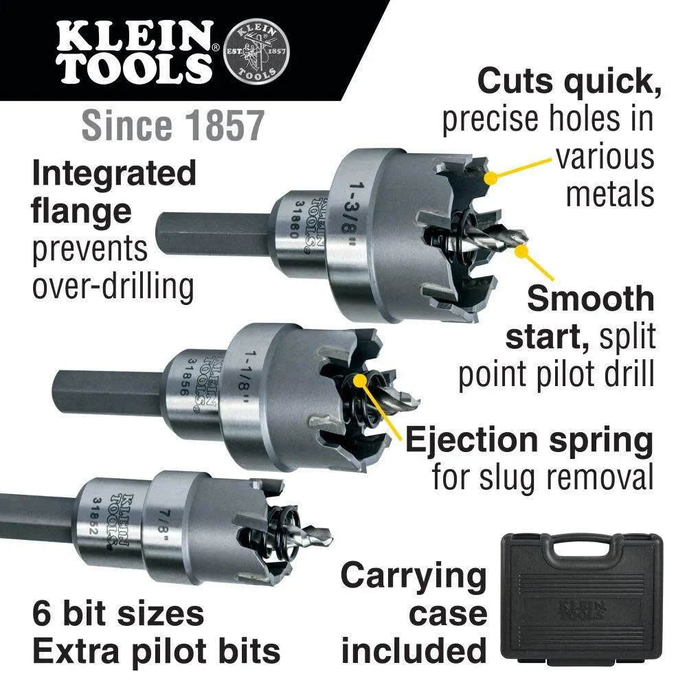 Klein Tools 31873 Heavy Duty Hole Cutter Kit, Includes Carbide Hole Cutters and 2 Pilot Bits in Rust-Proof Molded Plastic Case, 8-Piece - Image 2