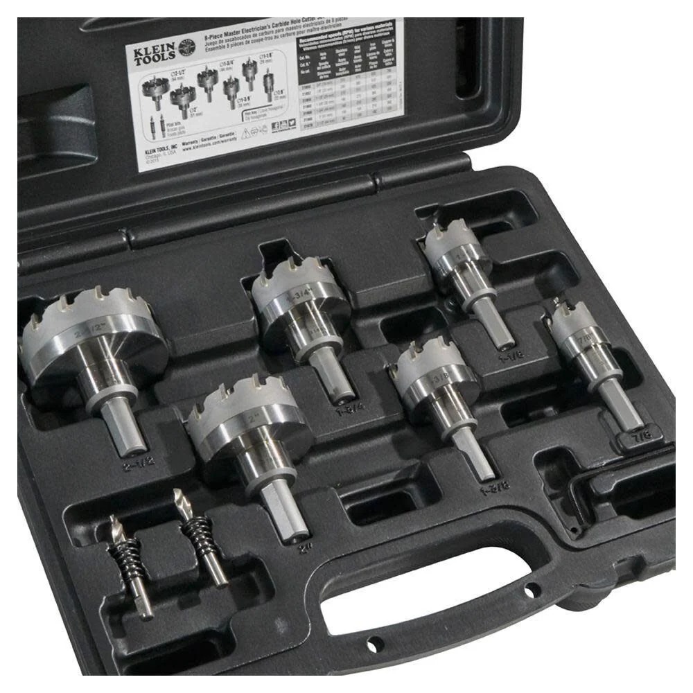 Klein Tools 31873 Heavy Duty Hole Cutter Kit, Includes Carbide Hole Cutters and 2 Pilot Bits in Rust-Proof Molded Plastic Case, 8-Piece - Image 7