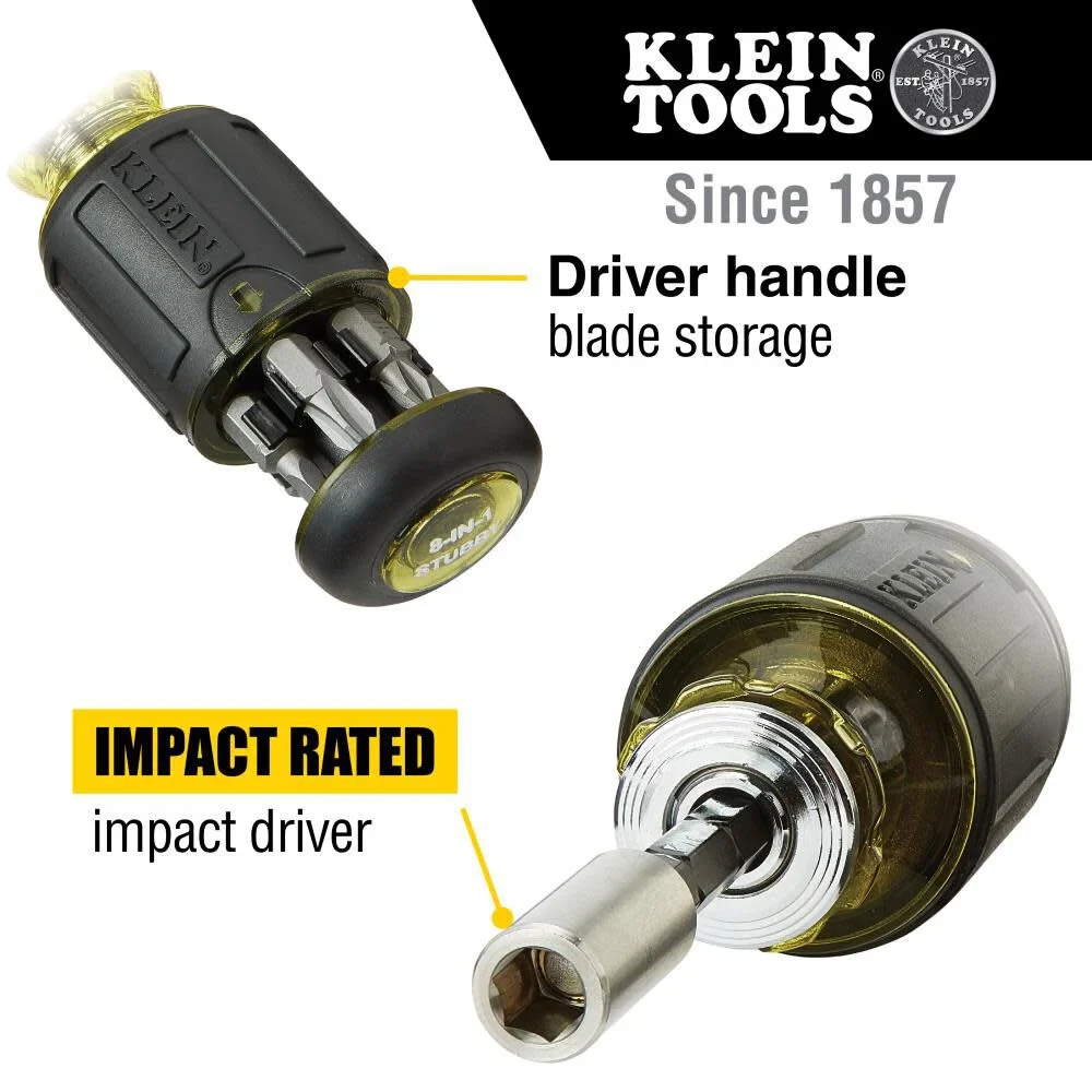 Klein Tools 32308 Multi-bit Stubby Screwdriver, Impact Rated 8-in-1 Adjustable Magnetic Tool with Phillips, Slotted, Square and Nut Driver - Image 5