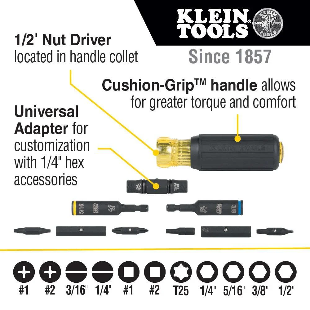 Klein Tools 32500HD KNECT Multi-Bit Screwdriver / Nut Driver, Impact Rated 11-in-1 Tool with Phillips, Slotted, Square and Torx Tips - Image 2