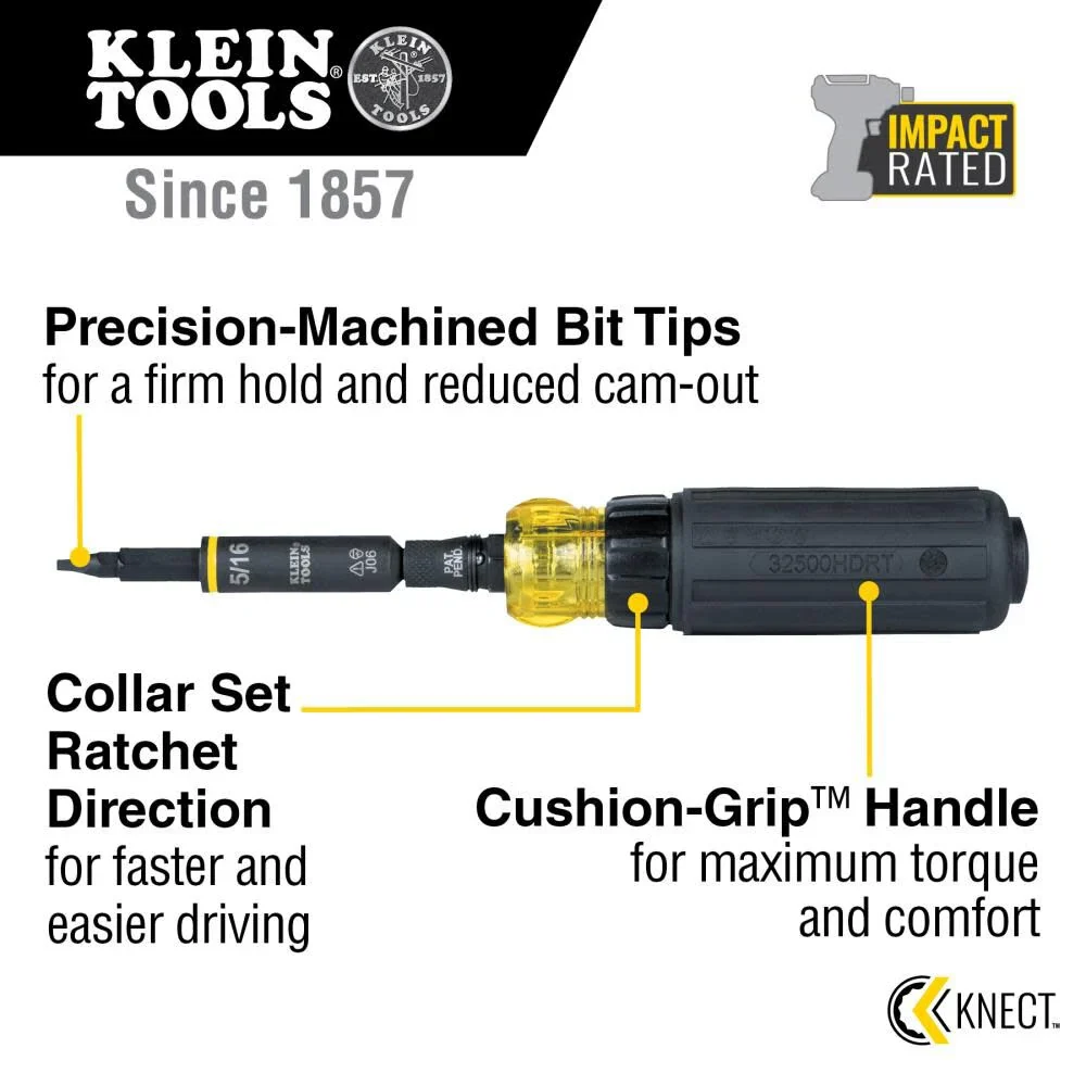 Klein Tools 32500HDRT KNECT Ratcheting Screwdriver, Multi-Bit Screwdriver/Nut Driver, Impact Rated 11-in-1 Tool with Phillips, Slotted, Square and Torx Tips - Image 2