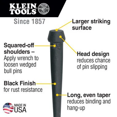 Klein Tools 3256 Broad-Head Bull Pin Made of Forged, Made in USA, Heat-Treaded Steel With Black Finish, 1-1/16-Inch - Image 2