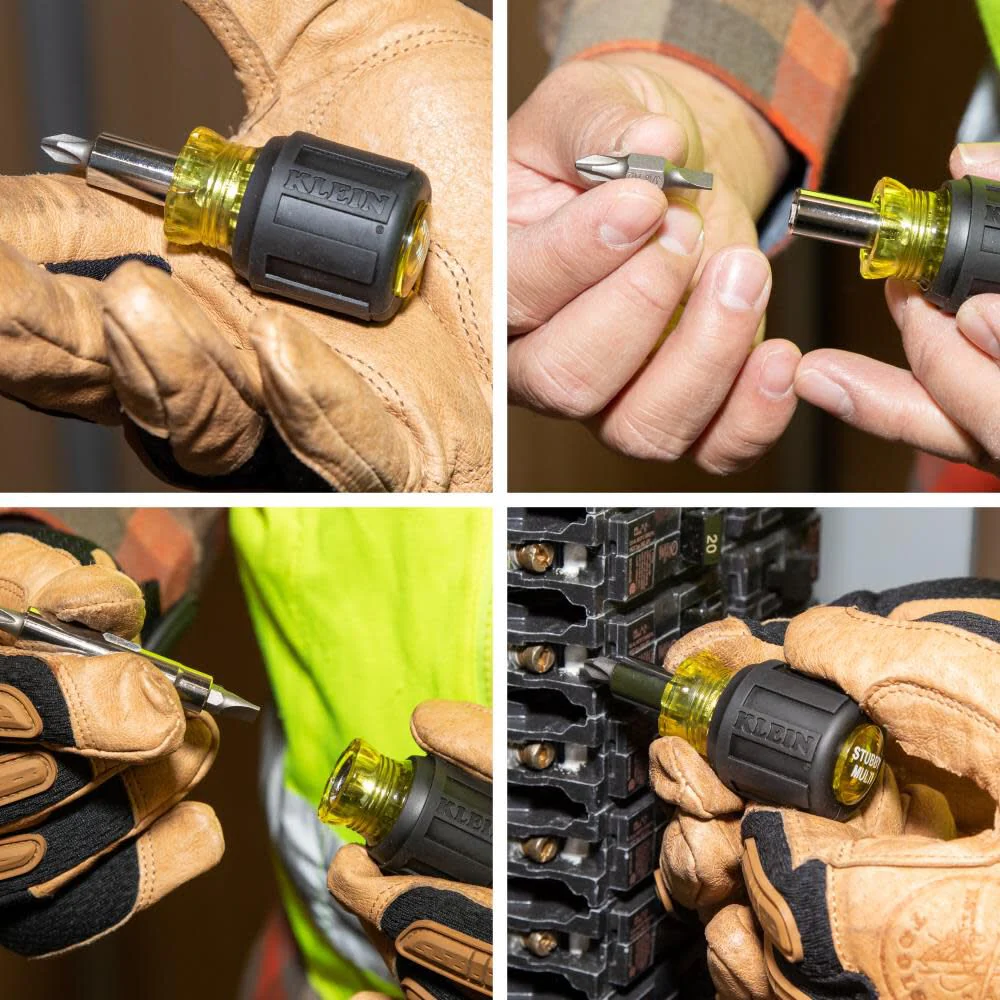 Klein Tools 32561 Multi-Bit Screwdriver / Nut Driver, 6-in-1 Stubby Screwdriver with 2 Phillips, 2 Slotted Bits, 2 Nut Drivers - Image 2