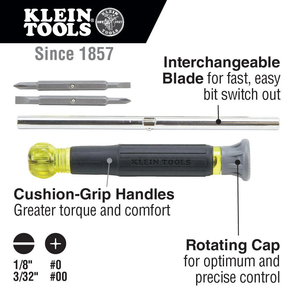 Klein Tools 32581 4-in-1 Electronics Screwdriver Set with 2 Slotted, 2 Phillips Precision Machined Bits, Ideal for Terminal Blocks - Image 2