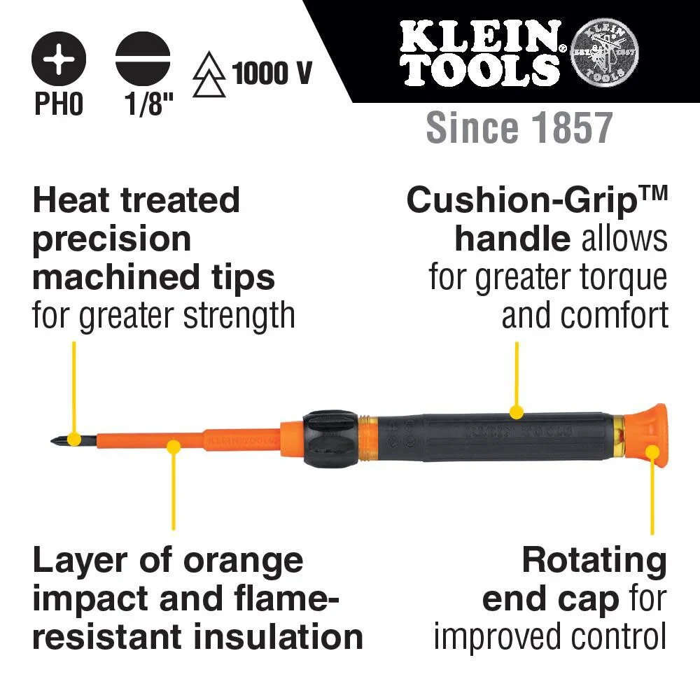 Klein Tools 32581INS Precision Screwdriver, 2-in-1 Insulated Screwdriver with No. 0 Phillips and 1/8-Inch Slotted Bits - Image 2