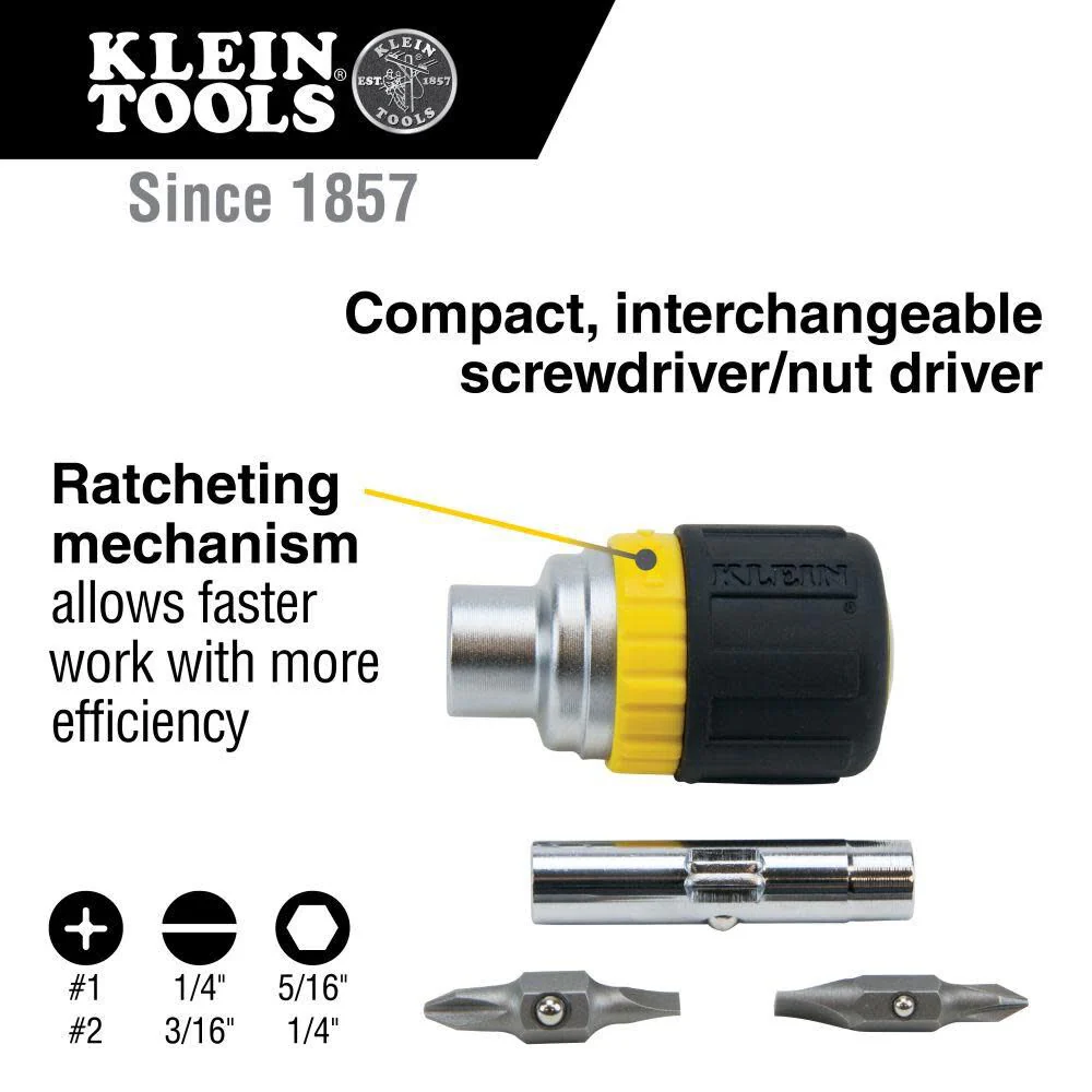 Klein Tools 32593 Multi-bit Ratcheting Screwdriver, 6-in-1 Stubby Tool with Phillips and Slotted Bits and 2 Nut Driver Sizes - Image 2