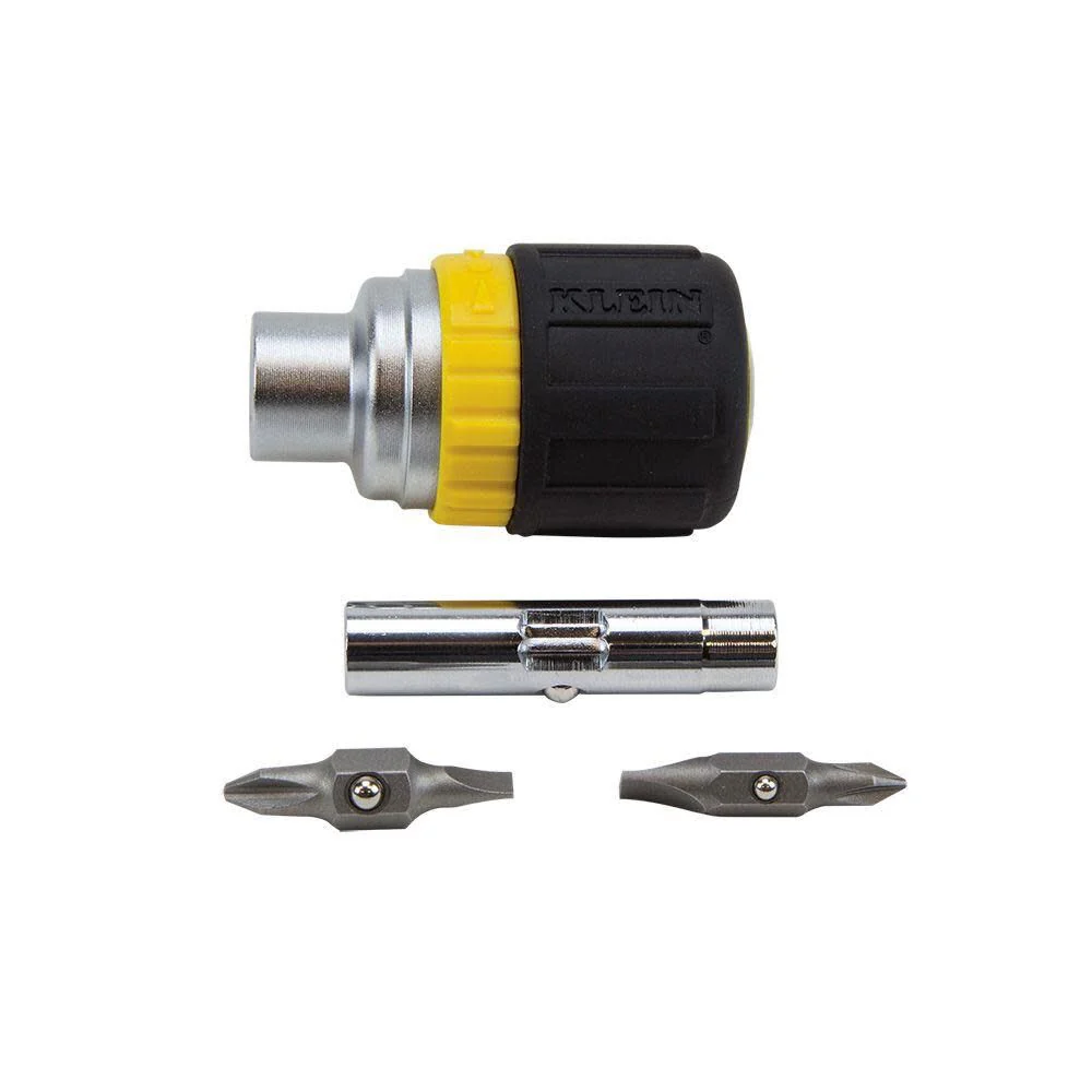 Klein Tools 32593 Multi-bit Ratcheting Screwdriver, 6-in-1 Stubby Tool with Phillips and Slotted Bits and 2 Nut Driver Sizes - Image 6
