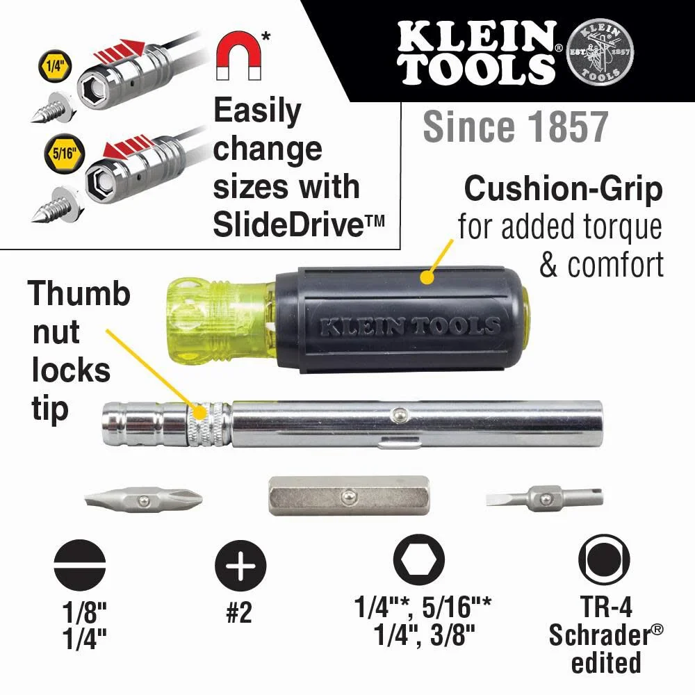 Klein Tools 32596 Multi-Bit Screwdriver /Nut Driver, Magnetic 8-in-1 HVAC Slide Drive Tool with Hex, Phillips, Schrader Bits, Nut Drivers - Image 2