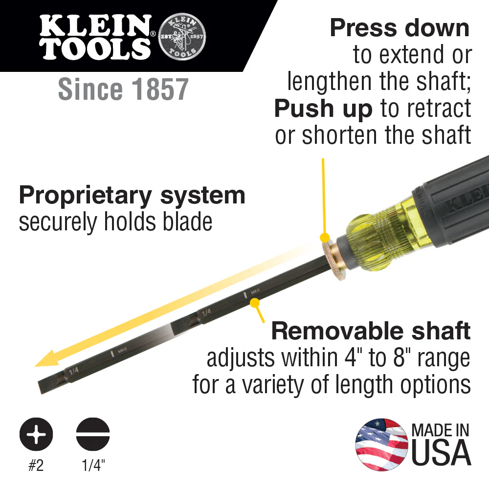 Klein Tools 32751 Adjustable Screwdriver, #2 Phillips, 1/4-Inch Slotted - Image 2